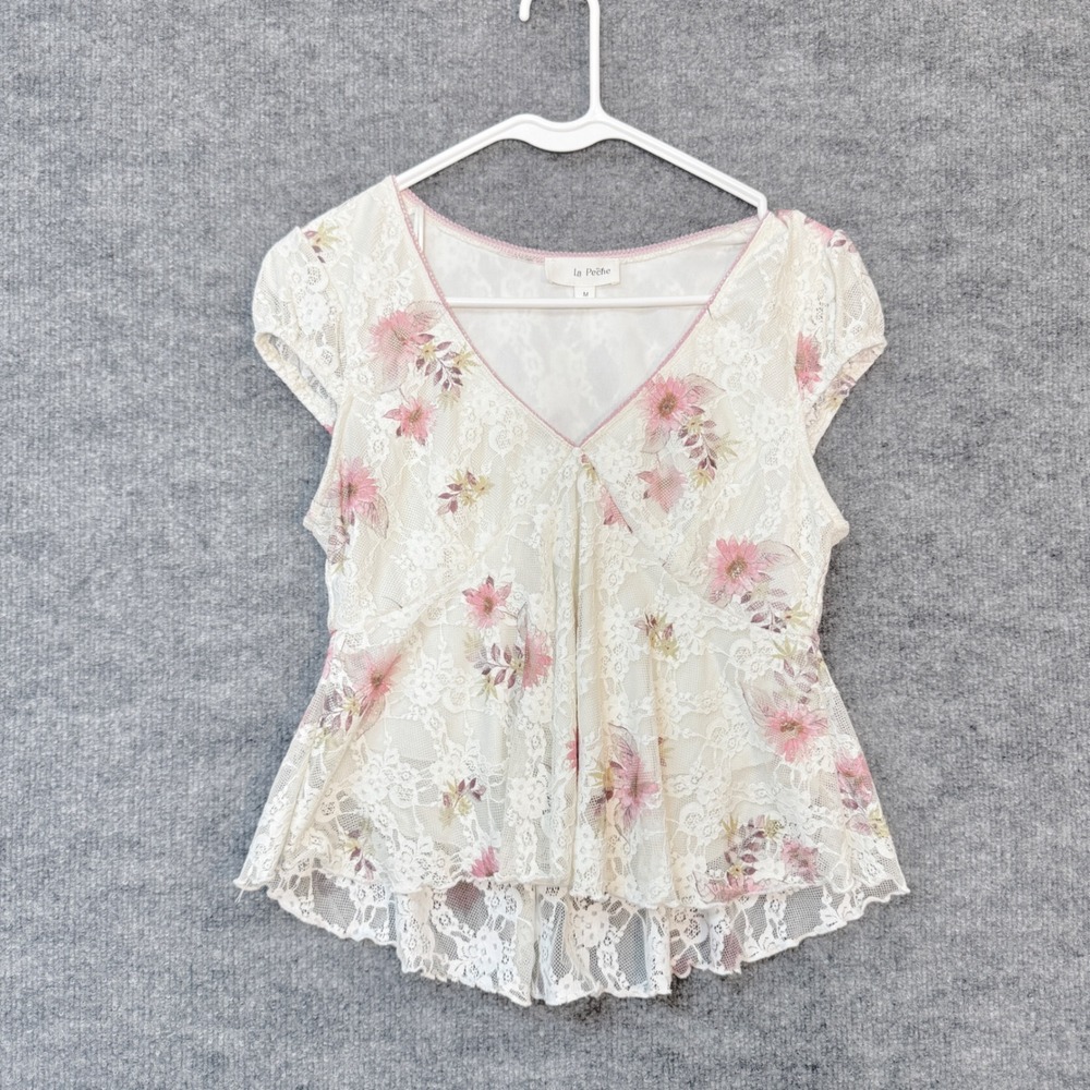 Y2K Babydoll Floral Lace Top Sz M V-Neck Cottagecore Coquette Fairycore Romantic
